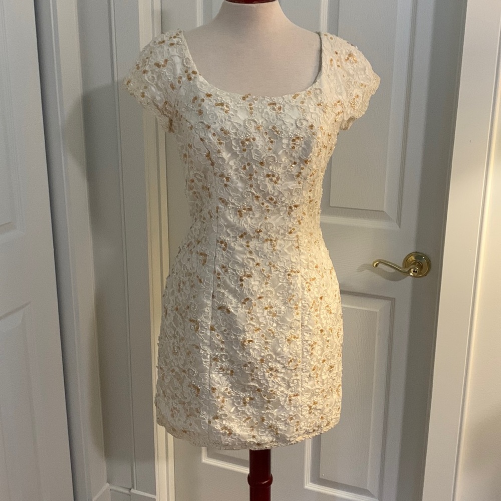 Vintage 80’s Michele Vincent White Beaded Embellished Lace Mini Dress Pristine!